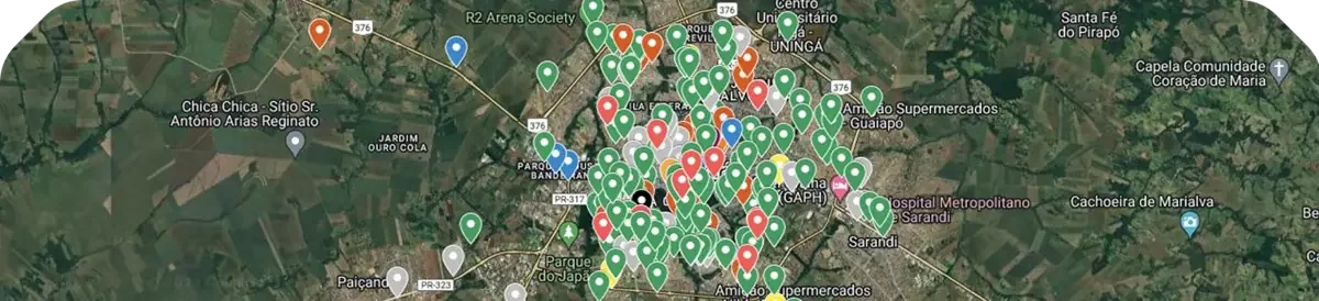Mapa de Maringá com os sistemas solares monitorados pela Moran